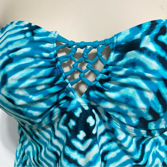 HULA HONEY After Shock Tie-Dyed Cut-Out Back Tankini Teal Macrame Detail Large - Picture 4 of 13